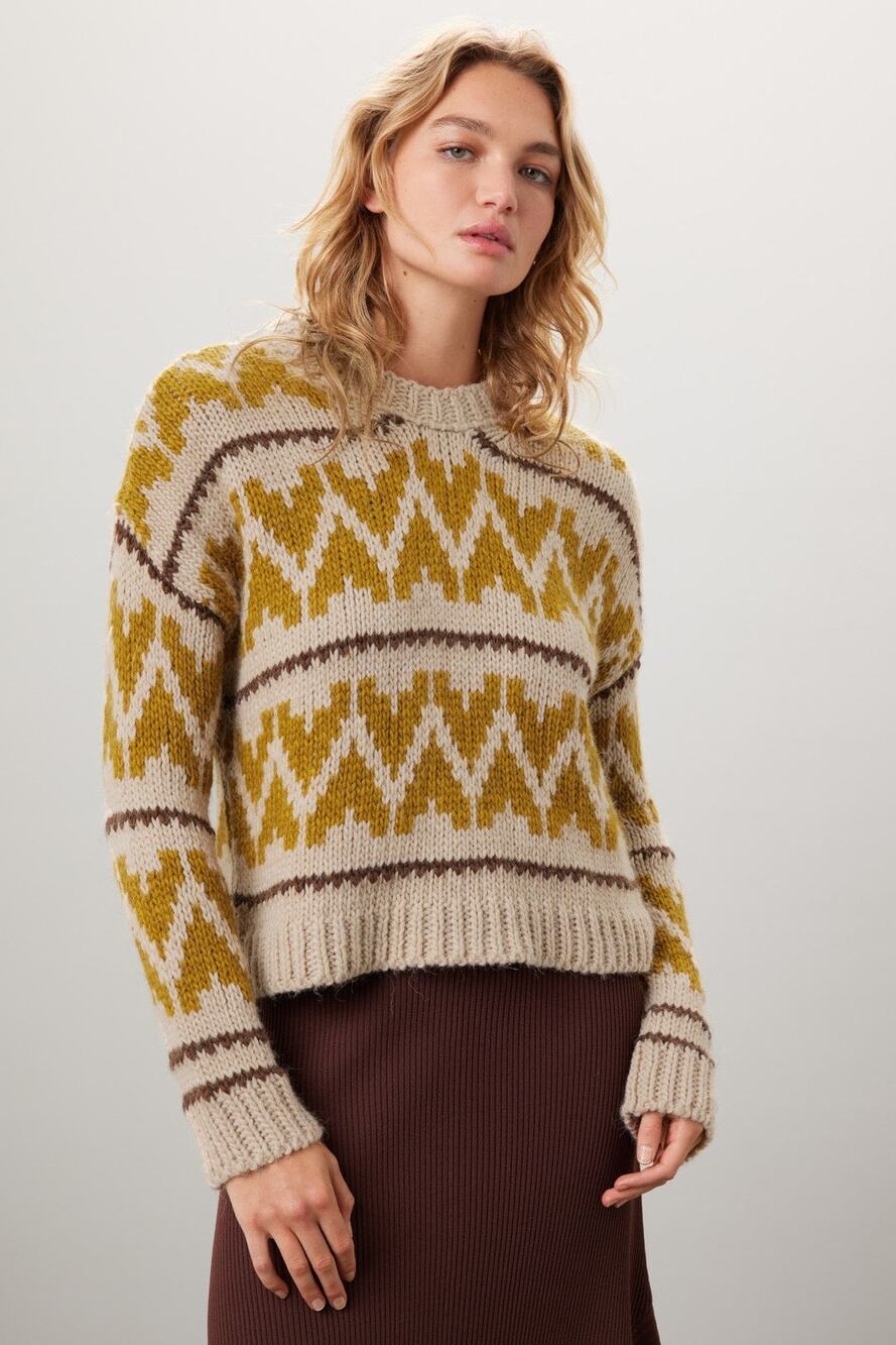The Great. Sz 0/XS The Folk Earth Tone Beige Mustard Geometric Crewneck Sweater